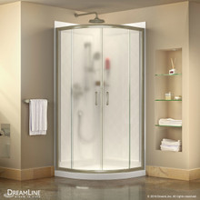 DreamLine Prime 33 in. x 76 3/4 in. Semi-Frameless Frosted Glass Sliding Shower Enclosure in Brushed Nickel with Base and Backwall
