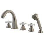 Kingston Brass Three Handle Roman Tub Filler Faucet with Hand Shower - Satin Nickel KS23685PX
