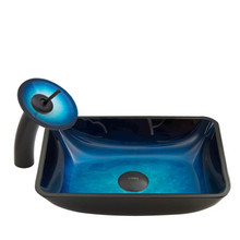 VIGO VGT055MBRND Rectangular Turquoise Water Glass Vessel Bathroom Sink And Waterfall Faucet Set