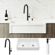 VIGO VG15810 All-In-One 36" Casement Front Matte Stone Double Bowl Farmhouse Apron Kitchen Sink Set With Greenwich Faucet In Matte Black, Two Strainers And Soap Dispenser