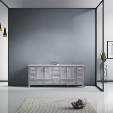 Lexora Jacques 84 Inch Distressed Grey Double Vanity, White Carrara Marble Top, White Square Sinks and no Mirror