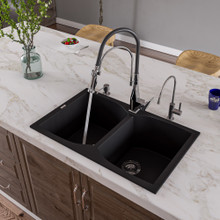 ALFI AB3220DI-BLA Black 32" Drop-In Double Bowl Granite Composite Kitchen Sink