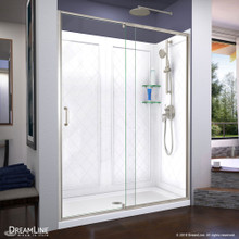 DreamLine Flex 30 in. D x 60 in. W x 76 3/4 in. H Semi-Frameless Shower Door in Brushed Nickel with Center Drain Base, Backwalls