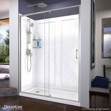 DreamLine Flex 30 in. D x 60 in. W x 76 3/4 in. H Semi-Frameless Shower Door in Brushed Nickel with Left Drain Base and Backwalls
