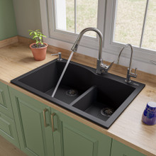 ALFI AB3320DI-BLA Black 33" Double Bowl Drop In Granite Composite Kitchen Sink