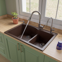 ALFI AB3320DI-C Chocolate 33" Double Bowl Drop In Granite Composite Kitchen Sink