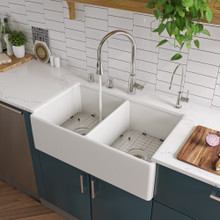 ALFI AB538-W White 32" Smooth Apron Double Bowl Fireclay Farmhouse Kitchen Sink