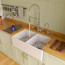 ALFI AB539-W White 32" Decorative Lip Apron Double Bowl Fireclay Farmhouse Kitchen Sink
