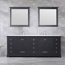 Lexora Dukes 84" Espresso Double Vanity, White Carrara Marble Top, White Square Sinks and 34" Mirrors w/ Faucets