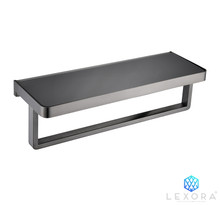 Lexora Bagno Bianca Stainless Steel Black Glass Shelf w/ Towel Bar - Gun Metal - 14.17' '× 5'' × 4.13''
