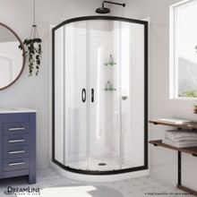 DreamLine Prime 33 in. x 76 3/4 in. Semi-Frameless Clear Glass Sliding Shower Enclosure in Satin Black with Base and Backwalls