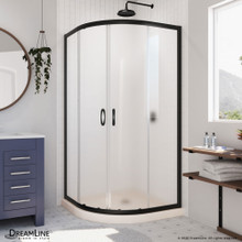 DreamLine Prime 33 in. x 74 3/4 in. Semi-Frameless Frosted Glass Sliding Shower Enclosure in Satin Black with Biscuit Base Kit