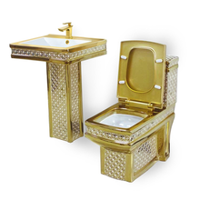 Maison De Philip ROM-SET3 Decorative Gold Pedestal Sink, Toilet, and Faucet Set