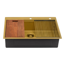Ruvati 33 inch Polished Brass Matte Gold Workstation Drop-in Topmount Kitchen Sink Single Bowl - RVH5003GG