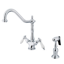 Kingston Brass KS1231PLBS Heritage 2-Handle Kitchen Faucet with Brass Sprayer and 8-Inch Plate, Polished Chrome