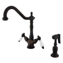 Kingston Brass KS1235PLBS Heritage 2-Handle Kitchen Faucet with Brass Sprayer and 8-Inch Plate, Oil Rubbed Bronze