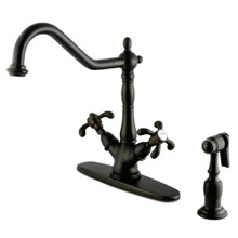 Kingston Brass KS1235TXBS French Country Mono Deck Mount Kitchen Faucet with Brass Sprayer, Oil Rubbed Bronze