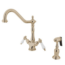 Kingston Brass KS1236PLBS Heritage 2-Handle Kitchen Faucet with Brass Sprayer and 8-Inch Plate, Polished Nickel