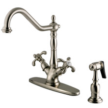 Kingston Brass KS1238TXBS French Country Mono Deck Mount Kitchen Faucet with Brass Sprayer, Brushed Nickel