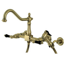 Kingston Brass KS1243PKLBS Duchess Wall Mount Bridge Kitchen Faucet with Brass Spray, Antique Brass