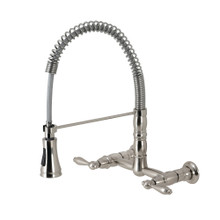 Kingston Brass Gourmetier GS1248AL Heritage Two Handle Wall-Mount Pull-Down Sprayer Kitchen Faucet, Brushed Nickel