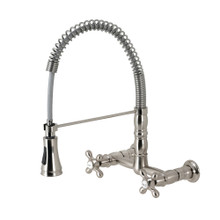 Kingston Brass Gourmetier GS1248AX Heritage Two Handle Wall-Mount Pull-Down Sprayer Kitchen Faucet, Brushed Nickel