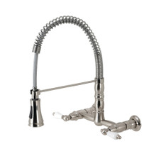 Kingston Brass Gourmetier GS1248PL Heritage Two Handle Wall-Mount Pull-Down Sprayer Kitchen Faucet, Brushed Nickel
