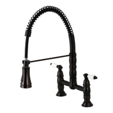 Kingston Brass Gourmetier GS1275PL Heritage Two Handle Deck-Mount Pull-Down Sprayer Kitchen Faucet, Oil Rubbed Bronze