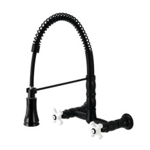 Kingston Brass Gourmetier GS1240PX Heritage Two Handle Wall-Mount Pull-Down Sprayer Kitchen Faucet, Matte Black