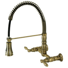 Kingston Brass Gourmetier GS1243AL Heritage Two Handle Wall-Mount Pull-Down Sprayer Kitchen Faucet, Antique Brass