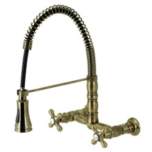 Kingston Brass Gourmetier GS1243AX Heritage Two Handle Wall-Mount Pull-Down Sprayer Kitchen Faucet, Antique Brass