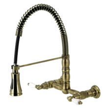 Kingston Brass Gourmetier GS1243PL Heritage Two Handle Wall-Mount Pull-Down Sprayer Kitchen Faucet, Antique Brass