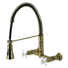 Kingston Brass Gourmetier GS1243PX Heritage Two Handle Wall-Mount Pull-Down Sprayer Kitchen Faucet, Antique Brass