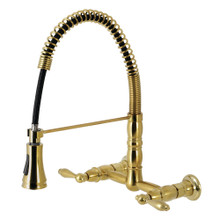 Kingston Brass Gourmetier GS1247AL Heritage Two Handle Wall-Mount Pull-Down Sprayer Kitchen Faucet, Brushed Brass