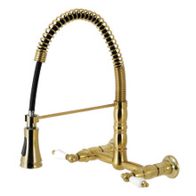 Kingston Brass Gourmetier GS1247PL Heritage Two Handle Wall-Mount Pull-Down Sprayer Kitchen Faucet, Brushed Brass