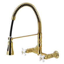 Kingston Brass Gourmetier GS1247PX Heritage Two Handle Wall-Mount Pull-Down Sprayer Kitchen Faucet, Brushed Brass