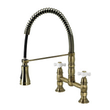 Kingston Brass Gourmetier GS1273PX Heritage Two Handle Deck-Mount Pull-Down Sprayer Kitchen Faucet, Antique Brass