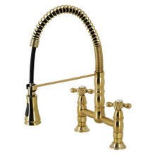 Kingston Brass Gourmetier GS1277AX Heritage Two Handle Deck-Mount Pull-Down Sprayer Kitchen Faucet, Brushed Brass