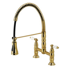 Kingston Brass Gourmetier GS1277PL Heritage Two Handle Deck-Mount Pull-Down Sprayer Kitchen Faucet, Brushed Brass