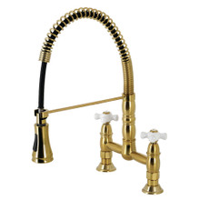 Kingston Brass Gourmetier GS1277PX Heritage Two Handle Deck-Mount Pull-Down Sprayer Kitchen Faucet, Brushed Brass