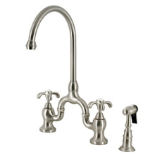 Kingston Brass  KS7798TXBS French Country Bridge Kitchen Faucet with Brass Sprayer, Brushed Nickel