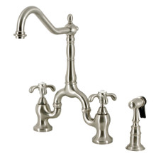 Kingston Brass  KS7758TXBS French Country Bridge Kitchen Faucet with Brass Sprayer, Brushed Nickel