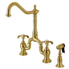 Kingston Brass  KS7757TXBS French Country Bridge Kitchen Faucet with Brass Sprayer, Brushed Brass