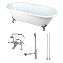 Kingston Brass  Aqua Eden KCT7D663013C8 66-Inch Cast Iron Double Ended Clawfoot Tub Combo with Faucet and Supply Lines, White/Brushed Nickel