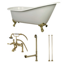 Kingston Brass  Aqua Eden KCT7D653129C2 62-Inch Cast Iron Single Slipper Clawfoot Tub Combo with Faucet and Supply Lines, White/Polished Brass