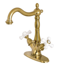 Kingston Brass  KS1437PX Heritage Two-Handle Bathroom Faucet with Brass Pop-Up and Cover Plate, Brushed Brass