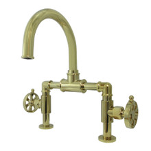 Kingston Brass  KS2172RX Belknap Industrial Style Wheel Handle Bridge Bathroom Faucet with Pop-Up Drain, Polished Brass