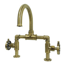 Kingston Brass  KS2173RX Belknap Industrial Style Wheel Handle Bridge Bathroom Faucet with Pop-Up Drain, Antique Brass