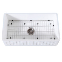 Kingston Brass  Gourmetier KGKFA331810RM 33" x 18" Farmhouse Kitchen Sink with Strainer and Grid, Matte White/Brushed