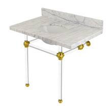 Kingston Brass  KVPB3630MA7 Templeton 36" x 22" Carrara Marble Vanity Top with Clear Acrylic Console Legs, Carrara Marble/Brushed Brass
